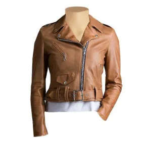 Gina's crop biker leather jacket with waist belt