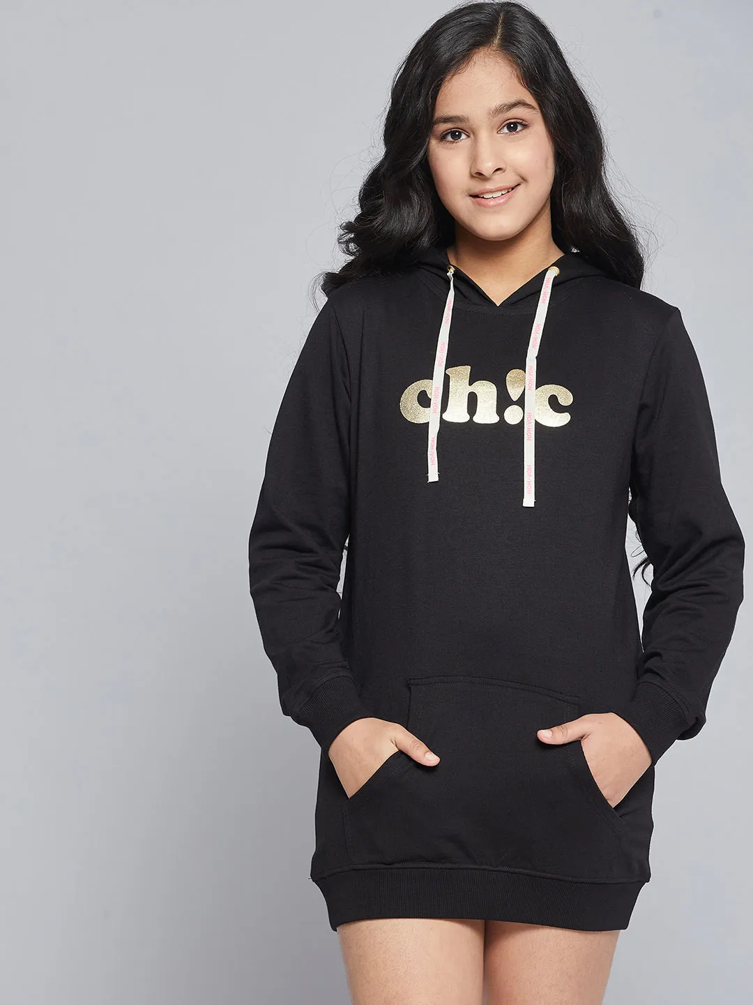 Girls Black Terry Chic Hoodie Sweat Dress