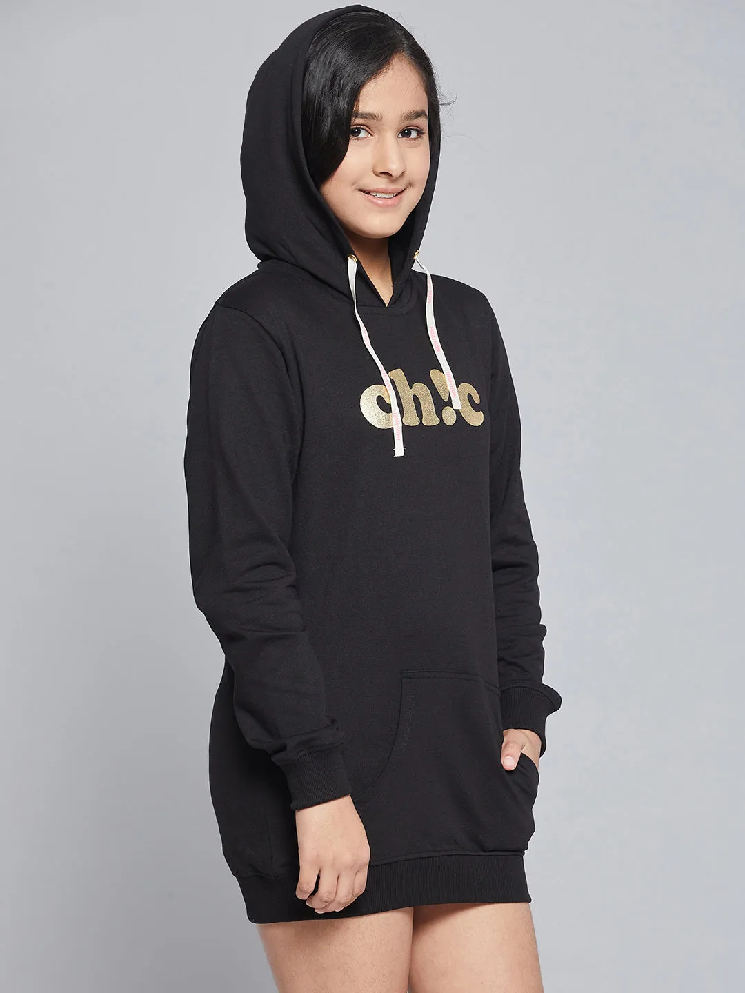 Girls Black Terry Chic Hoodie Sweat Dress