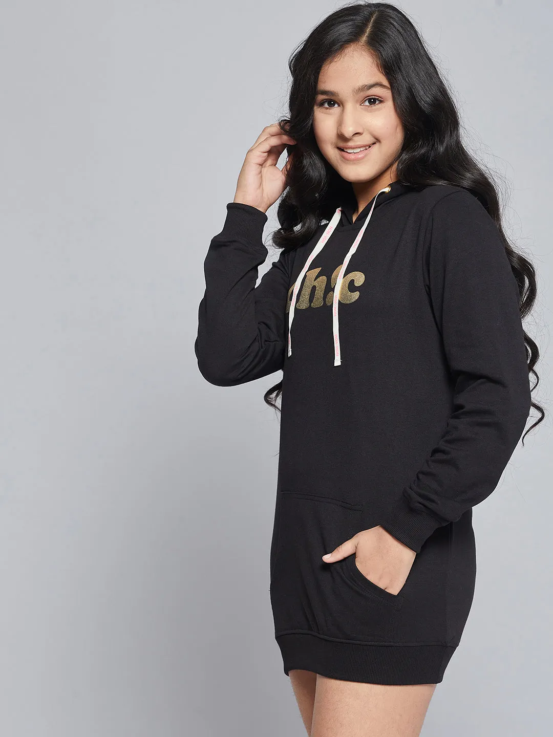 Girls Black Terry Chic Hoodie Sweat Dress