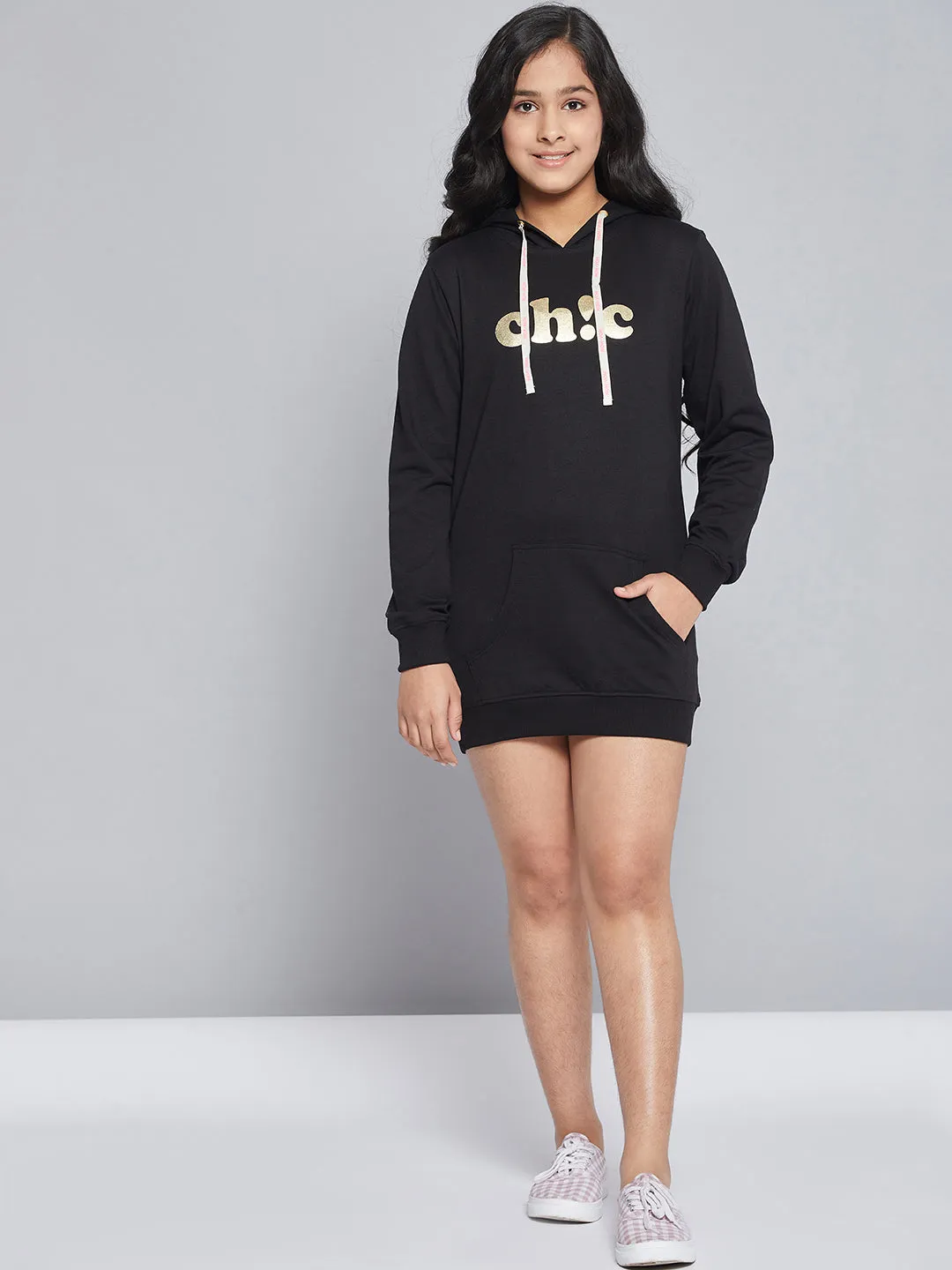 Girls Black Terry Chic Hoodie Sweat Dress