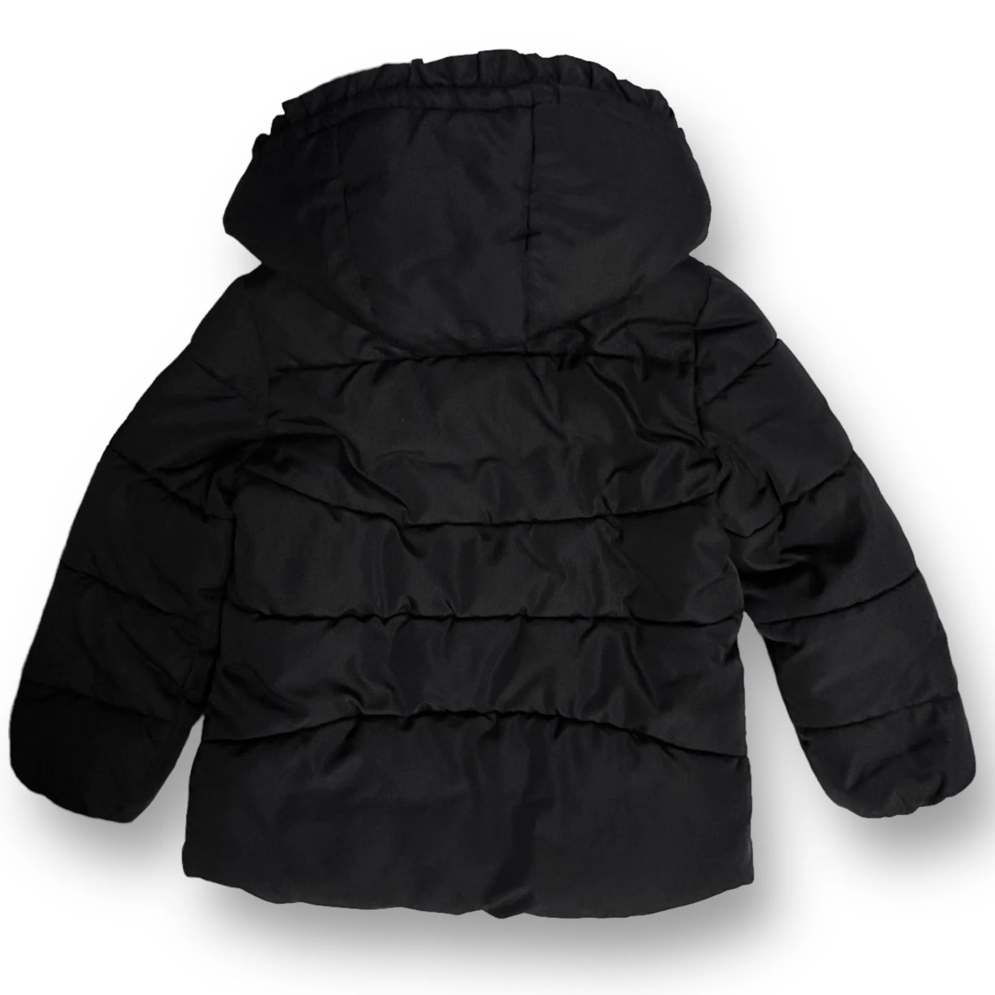 Girls H&M Size 4/5 Black Ruffle Zippered Winter Coat with Removable Hood