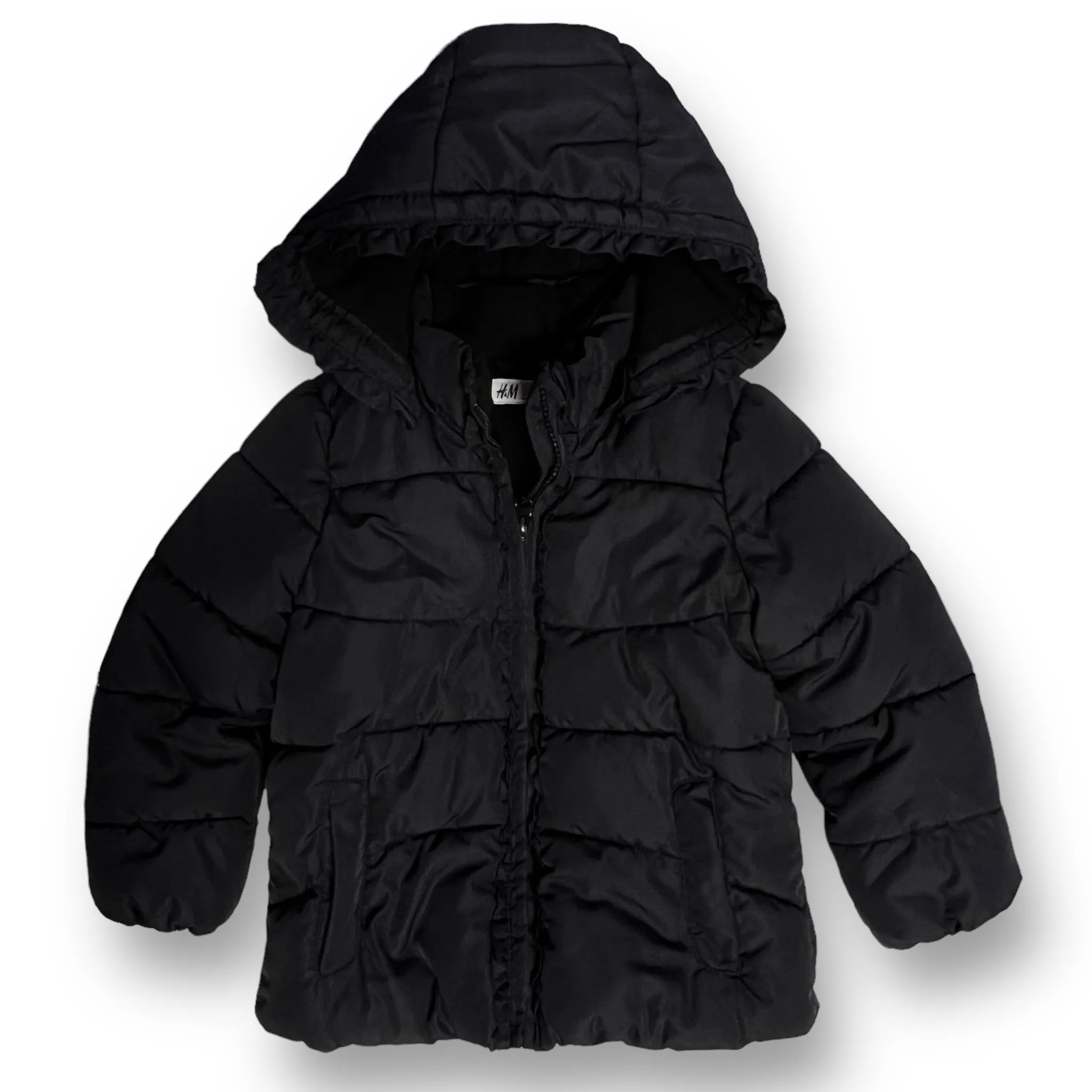 Girls H&M Size 4/5 Black Ruffle Zippered Winter Coat with Removable Hood