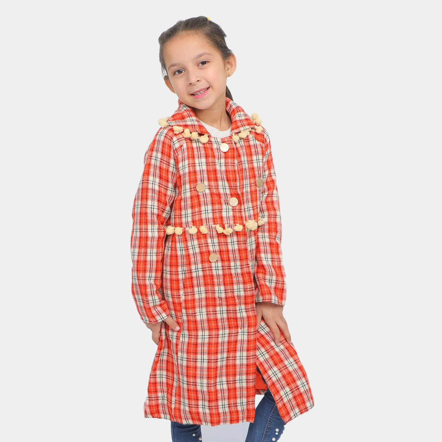 Girls Woolen Trench Coat- Multi