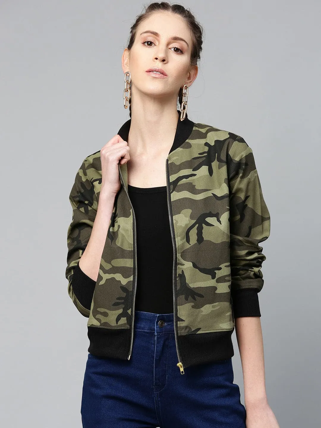 Green Camouflage Bomber Zipper Jacket