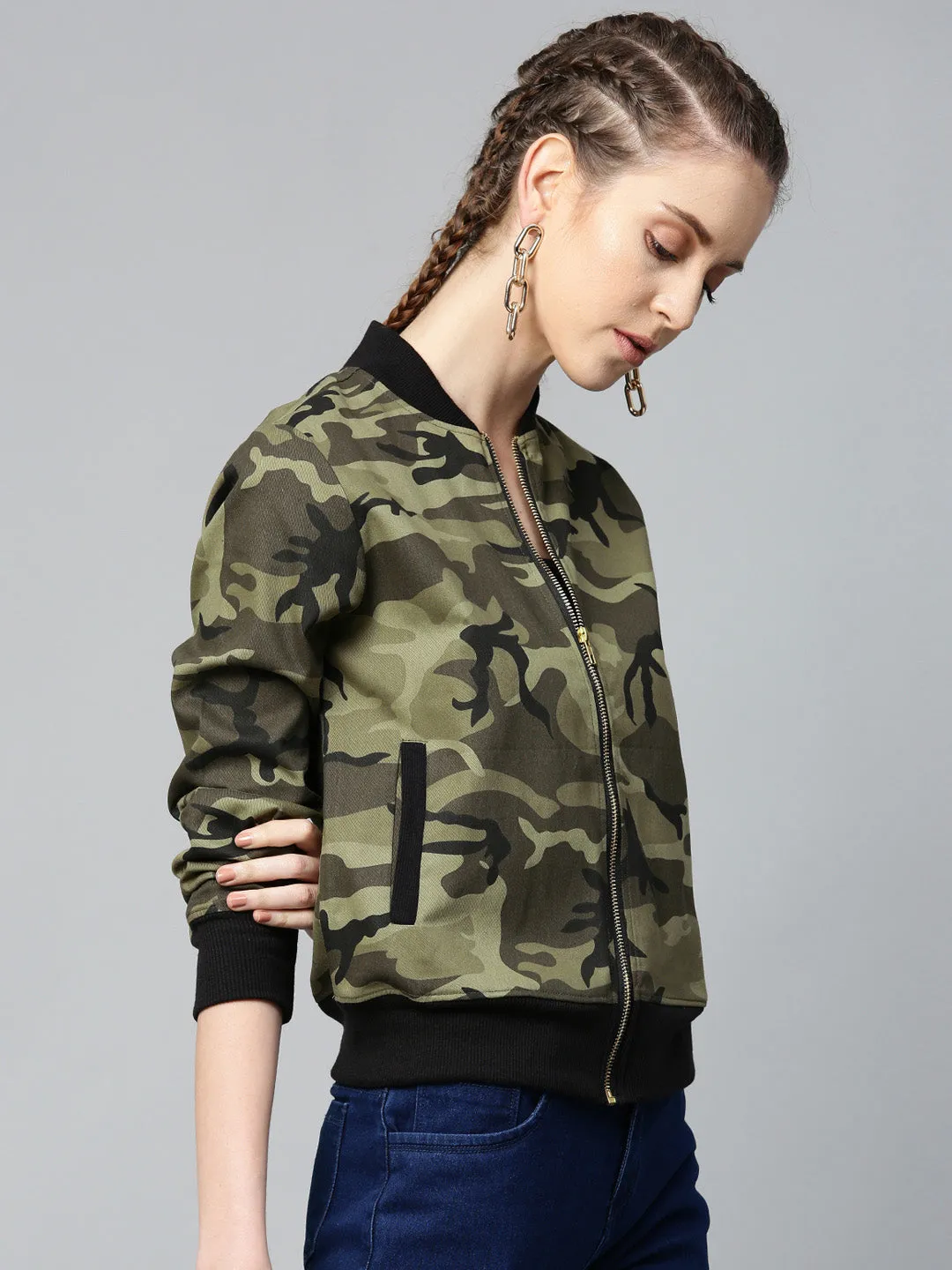 Green Camouflage Bomber Zipper Jacket