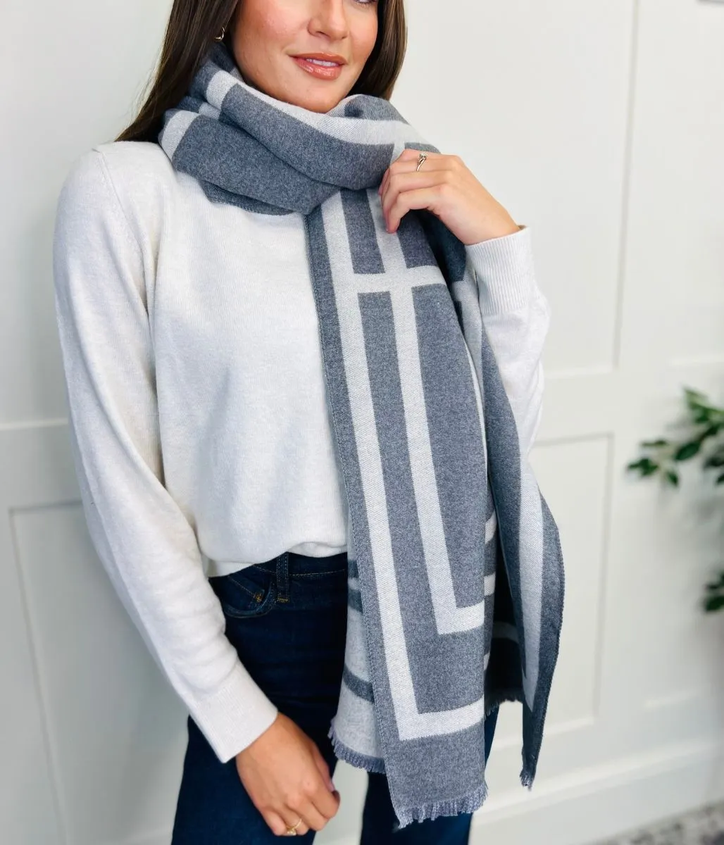 Grey Geo Cashmere Blend Reversible Scarf