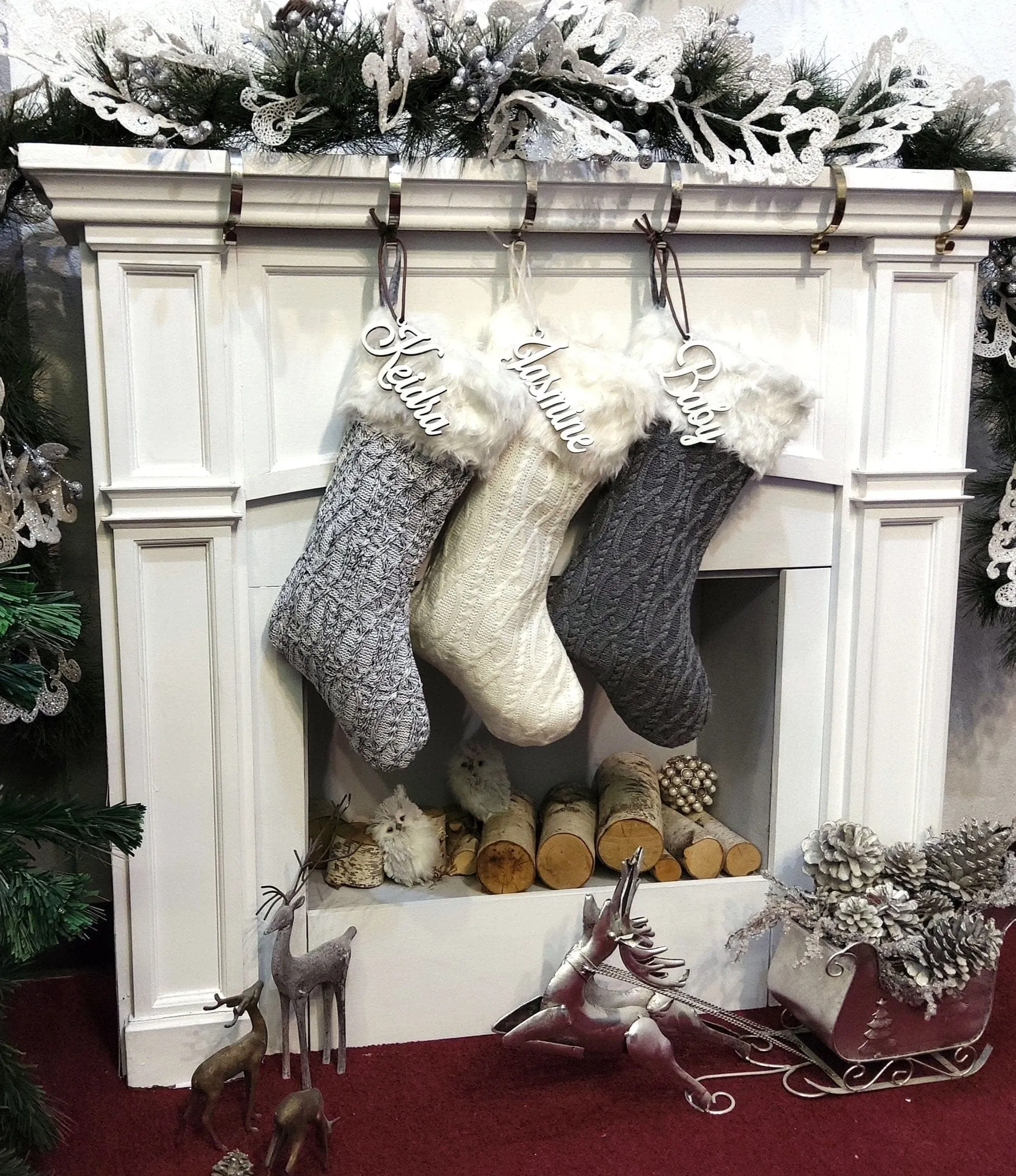 Grey Off White Cable Knit Christmas Stockings with Faux Fur Cuff Personalized with Cutout Wood Name Tag Custom Family Holiday 2022