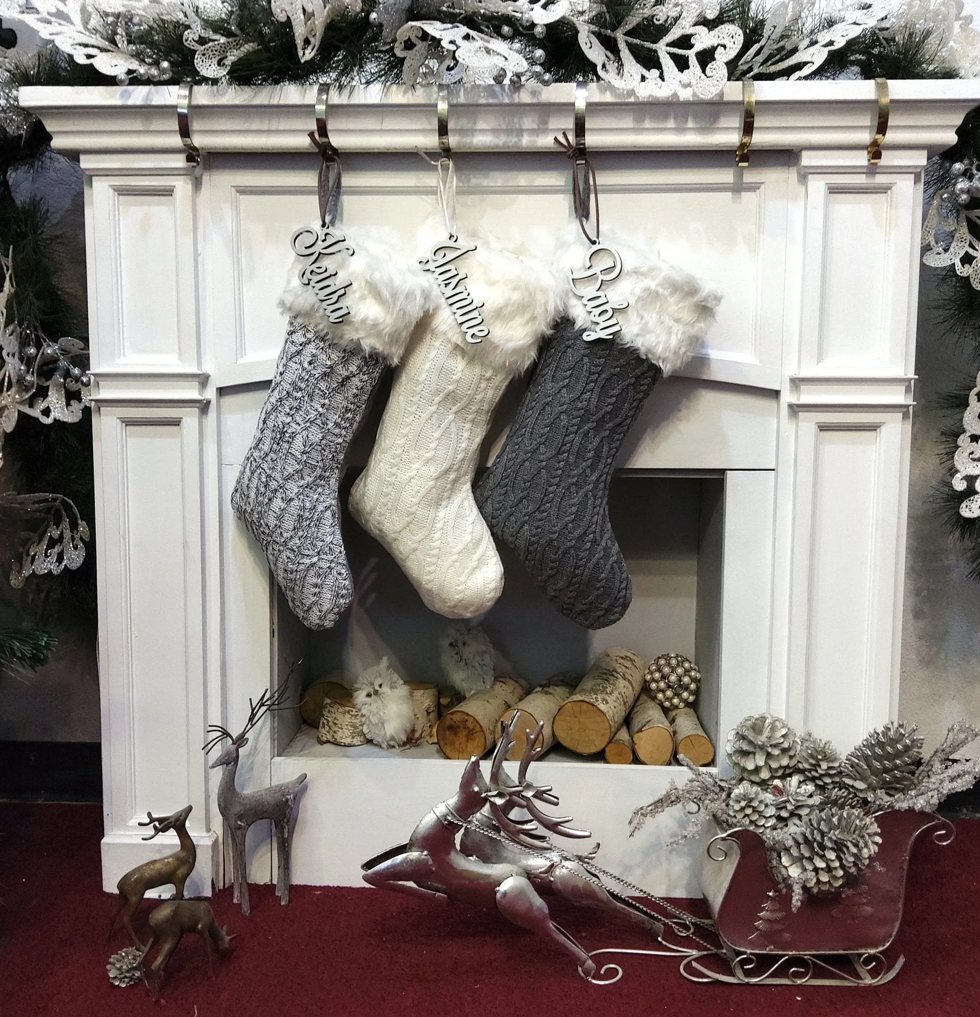 Grey Off White Cable Knit Christmas Stockings with Faux Fur Cuff Personalized with Cutout Wood Name Tag Custom Family Holiday 2022