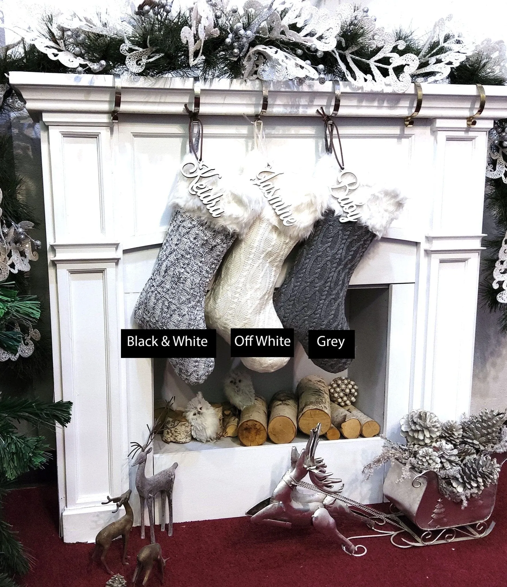 Grey Off White Cable Knit Christmas Stockings with Faux Fur Cuff Personalized with Cutout Wood Name Tag Custom Family Holiday 2022