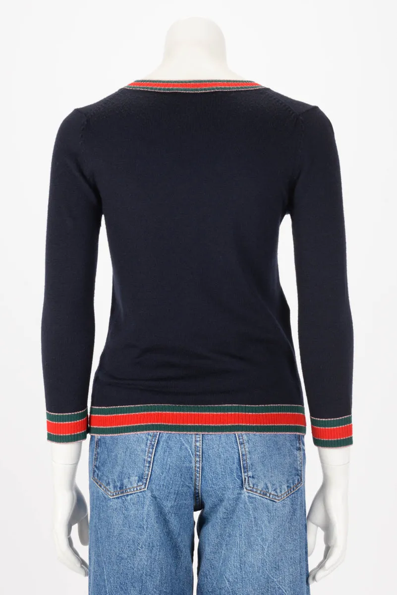 Gucci Navy Wool Web Detail Sweater S