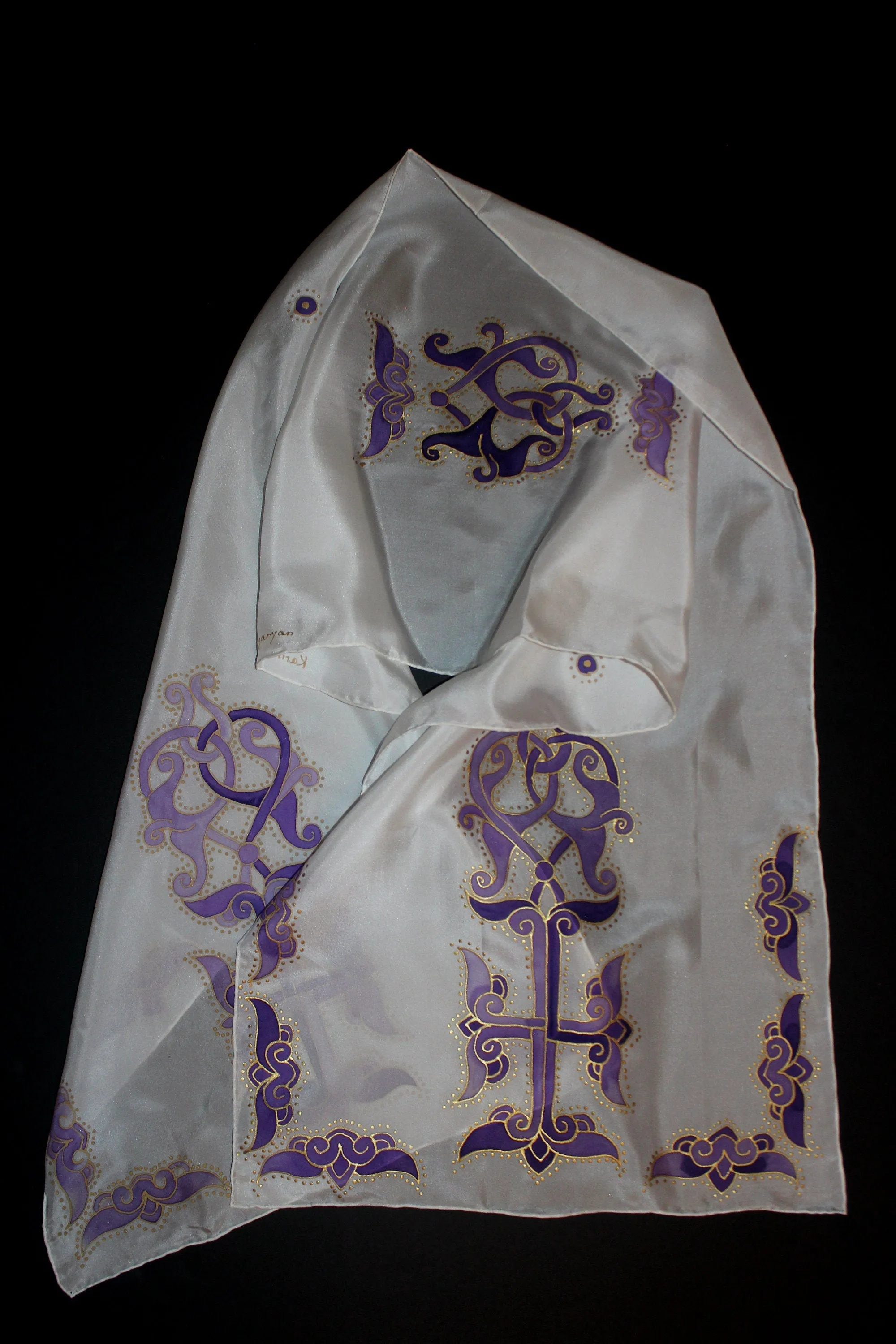 Hand painted cross silk scarf, Armenian cross, baptizing scarf