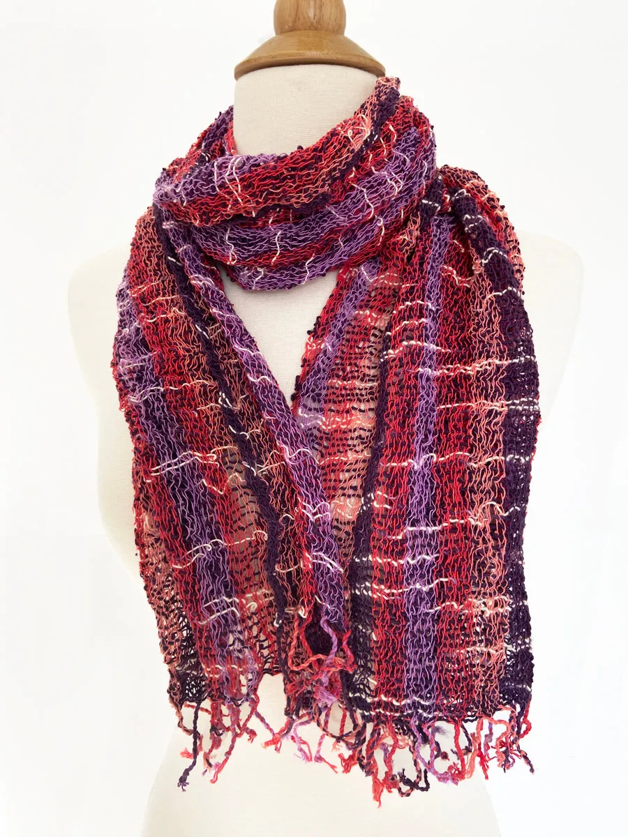 Handwoven Open Weave Cotton Scarf - Multi Plum-Red-White