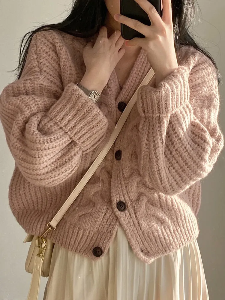 High Quality Vintage Solid Cardigan Crop Women V-neck Single Breasted Casual Loose Thick Sweater Knitwear Elegant Winter Clothes