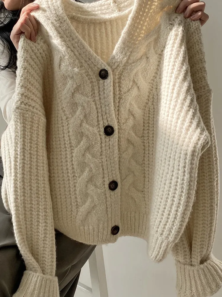 High Quality Vintage Solid Cardigan Crop Women V-neck Single Breasted Casual Loose Thick Sweater Knitwear Elegant Winter Clothes