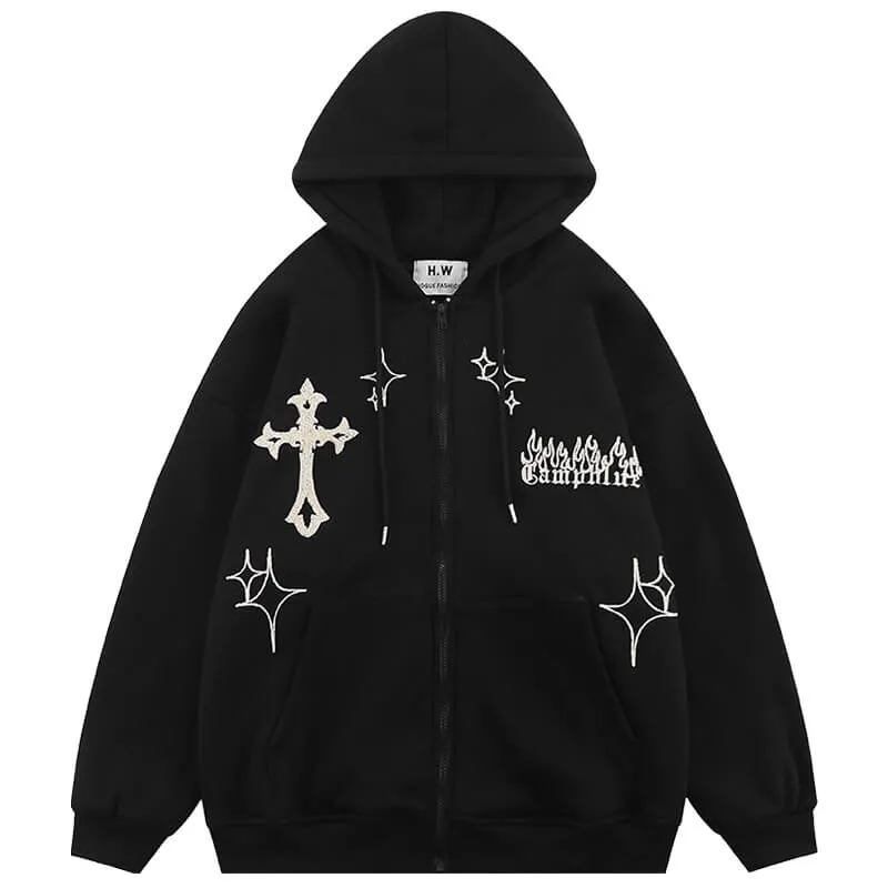 Holy Crosses Embroidery Aesthetic Grunge Hoodie Front Zipper