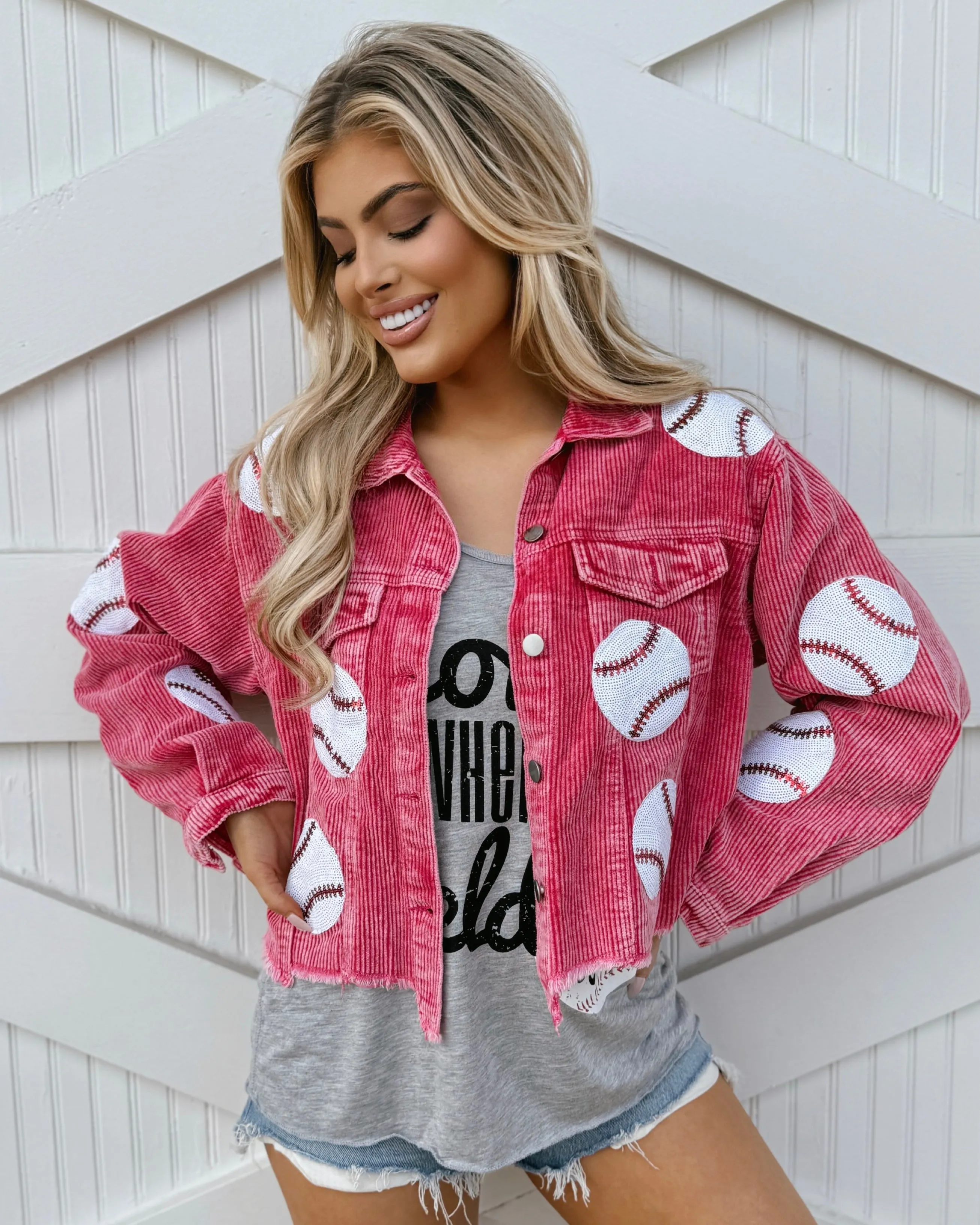 Hot Pink Corduroy Sequin BASEBALL Jacket