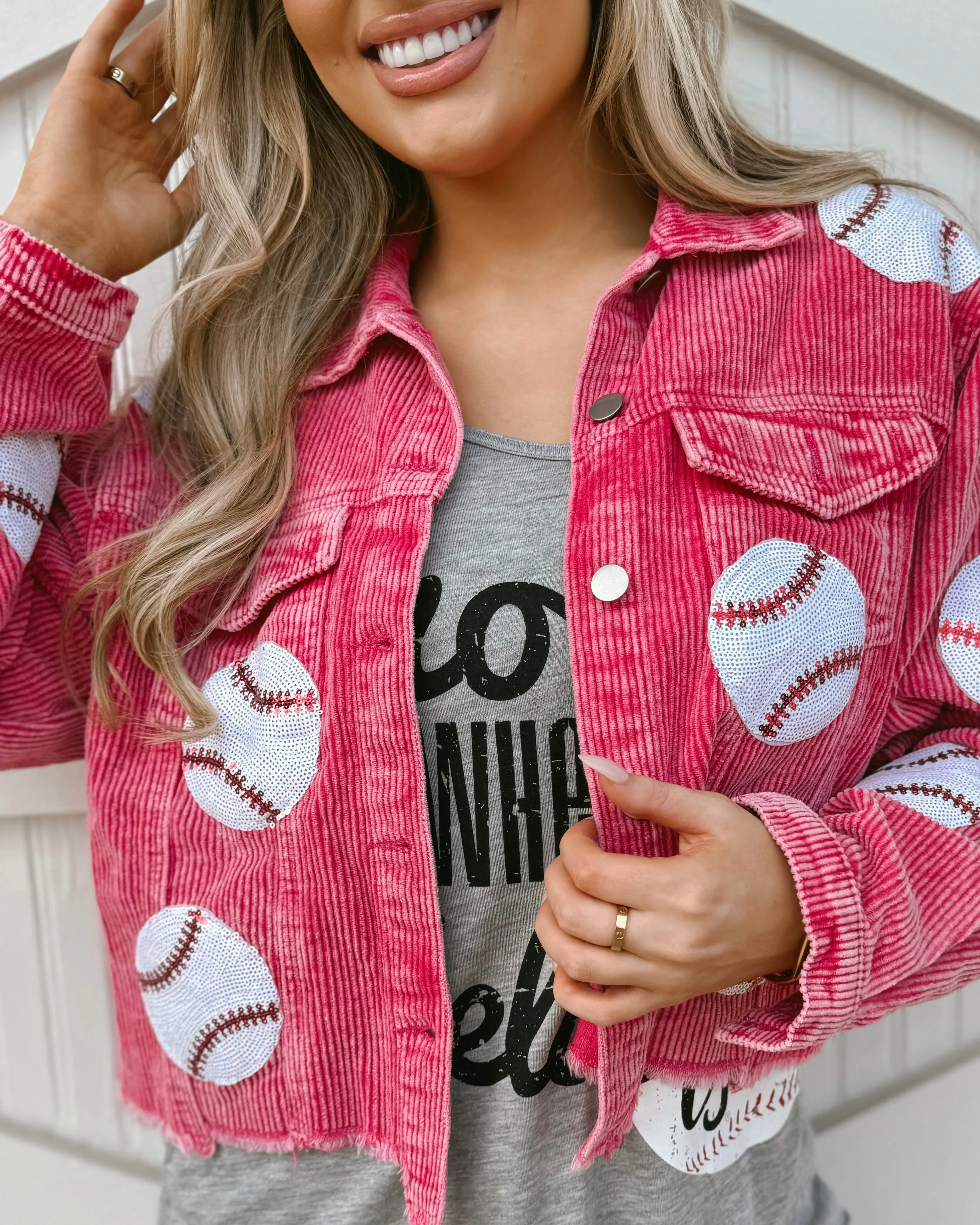 Hot Pink Corduroy Sequin BASEBALL Jacket