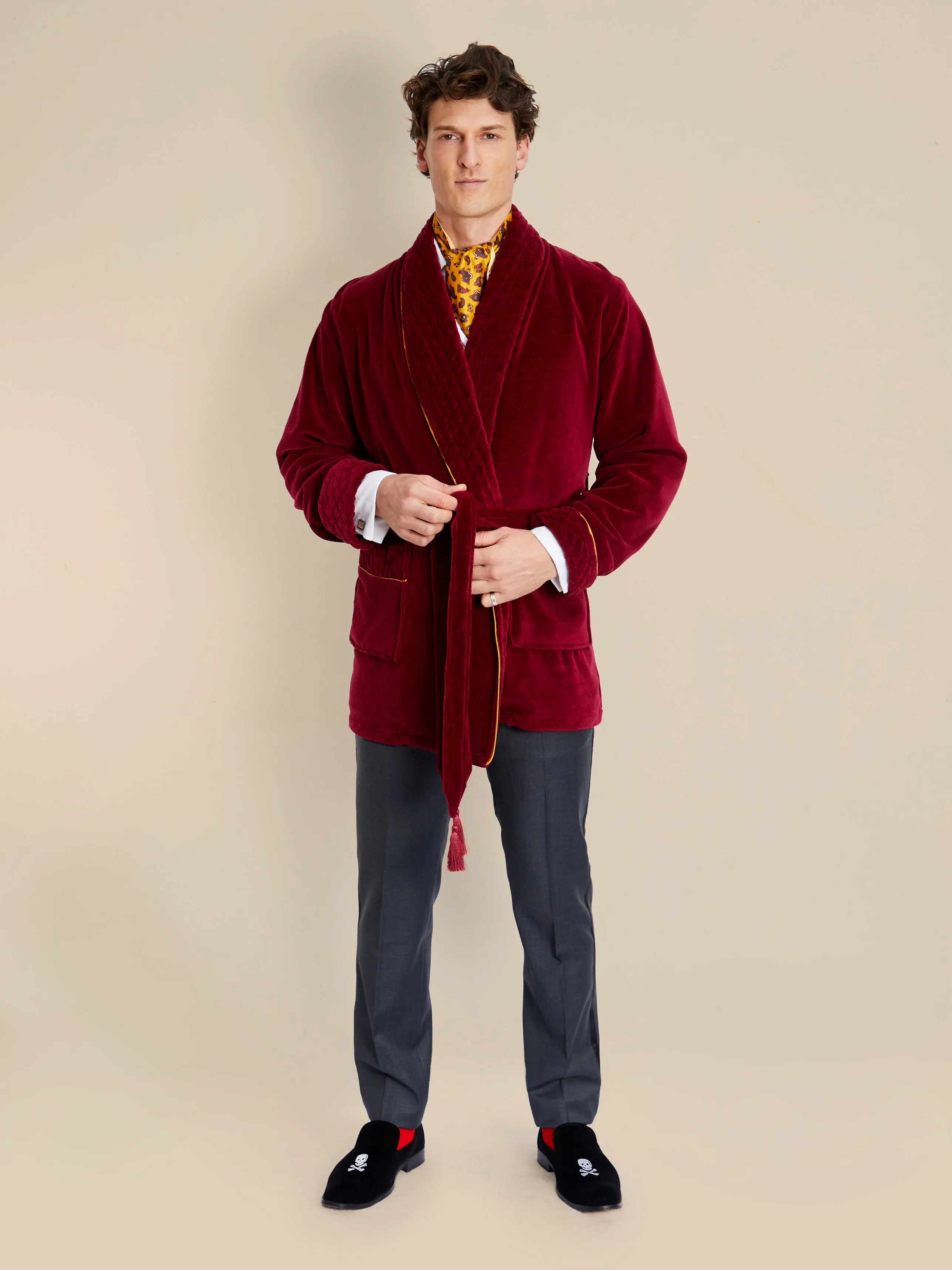 Howard Cotton Short Velvet Smoking Jacket in Burgundy