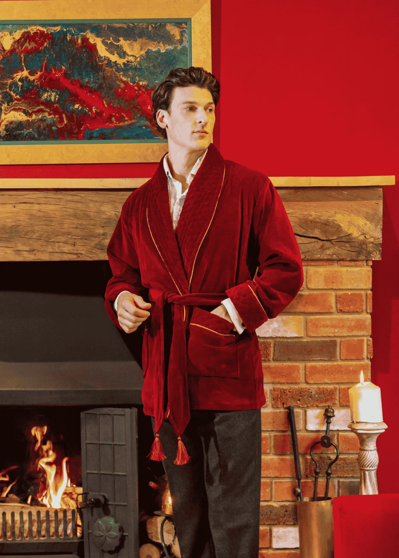 Howard Cotton Short Velvet Smoking Jacket in Burgundy