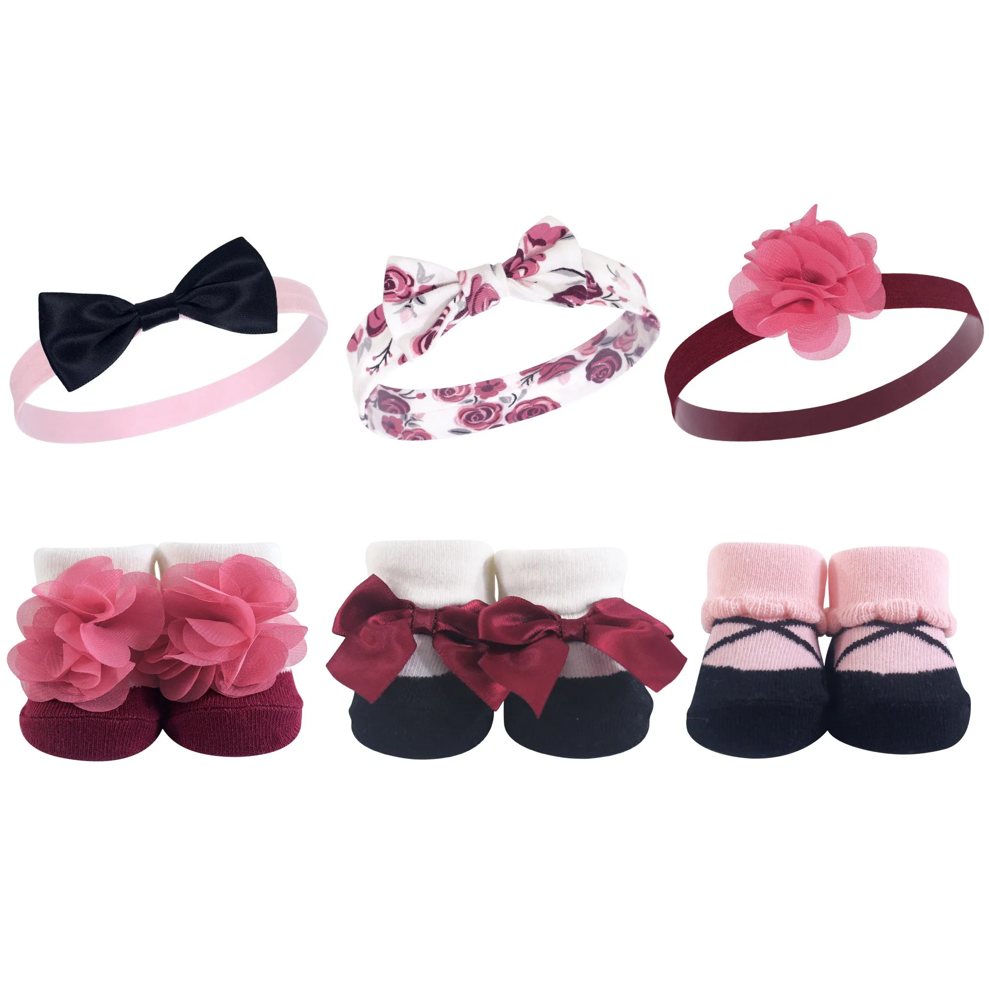 Hudson Baby Headband and Socks Giftset, Burgundy Floral