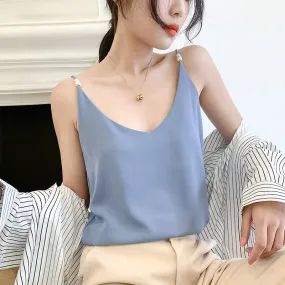 INSTOCK- Chiffon Camisole Pearl Sling Strap Bottoming Shirt