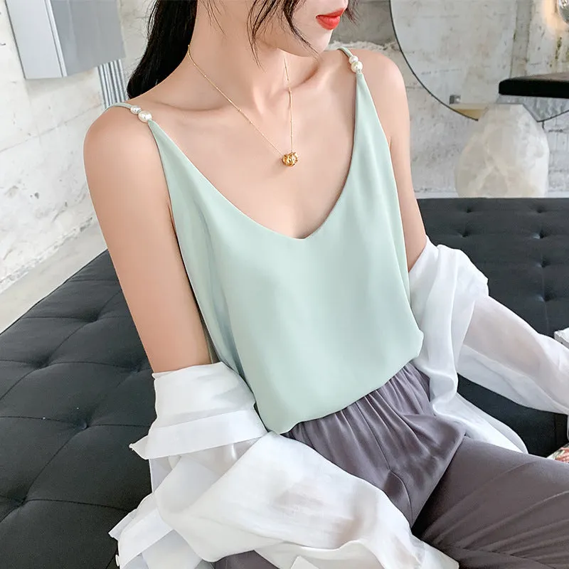 INSTOCK- Chiffon Camisole Pearl Sling Strap Bottoming Shirt