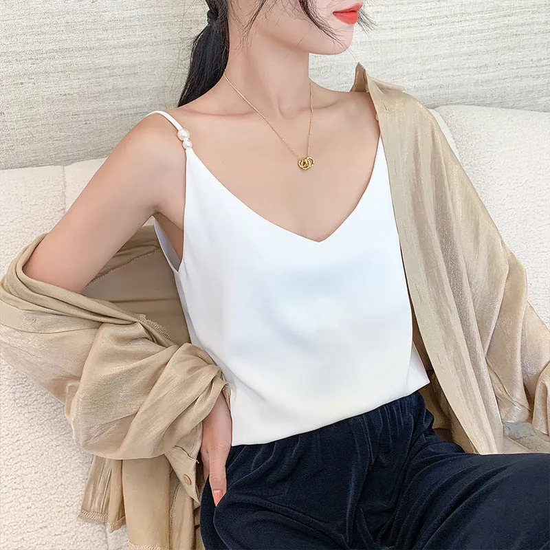 INSTOCK- Chiffon Camisole Pearl Sling Strap Bottoming Shirt