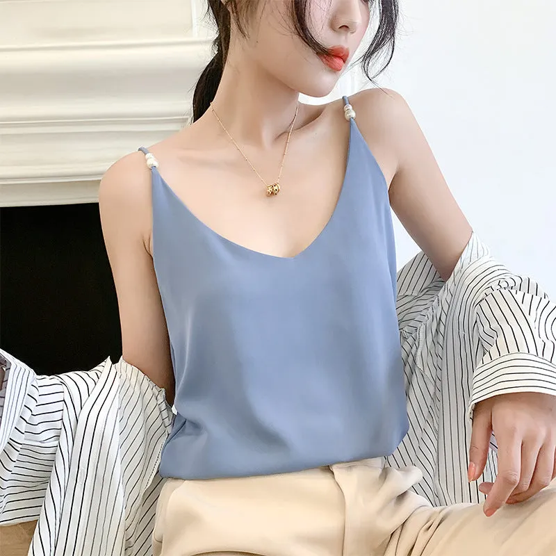 INSTOCK- Chiffon Camisole Pearl Sling Strap Bottoming Shirt