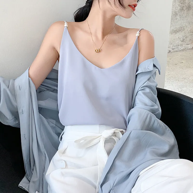 INSTOCK- Chiffon Camisole Pearl Sling Strap Bottoming Shirt