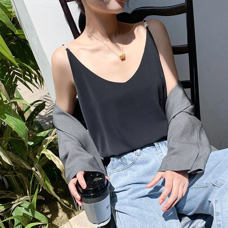 INSTOCK- Chiffon Camisole Pearl Sling Strap Bottoming Shirt