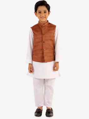 Jashvi Boys Coffee Brown And White Jacket, Kurta and Pyjama Set