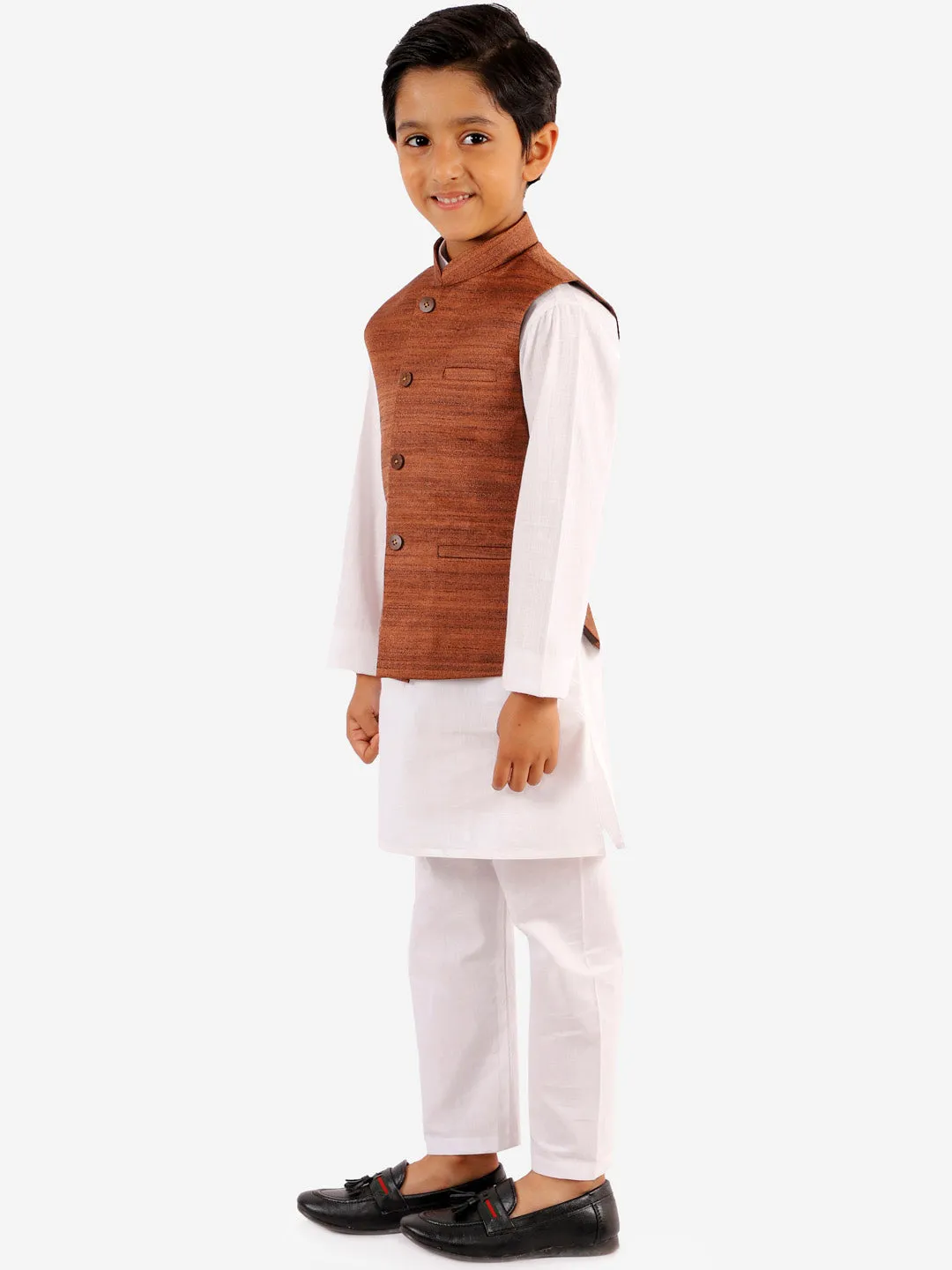 Jashvi Boys Coffee Brown And White Jacket, Kurta and Pyjama Set