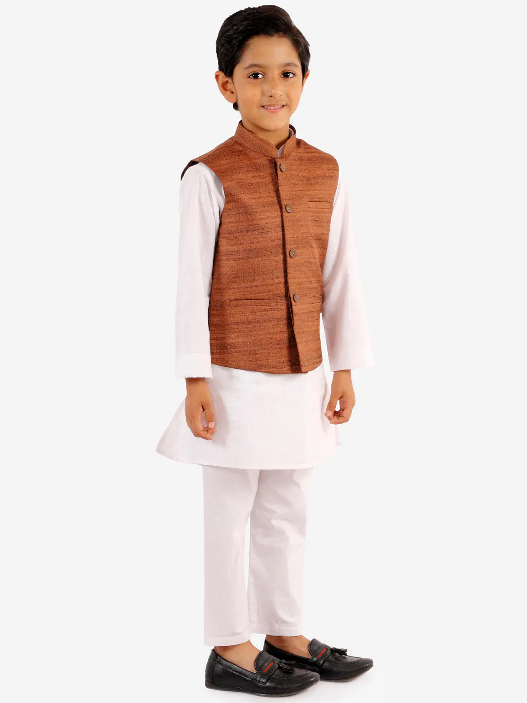 Jashvi Boys Coffee Brown And White Jacket, Kurta and Pyjama Set