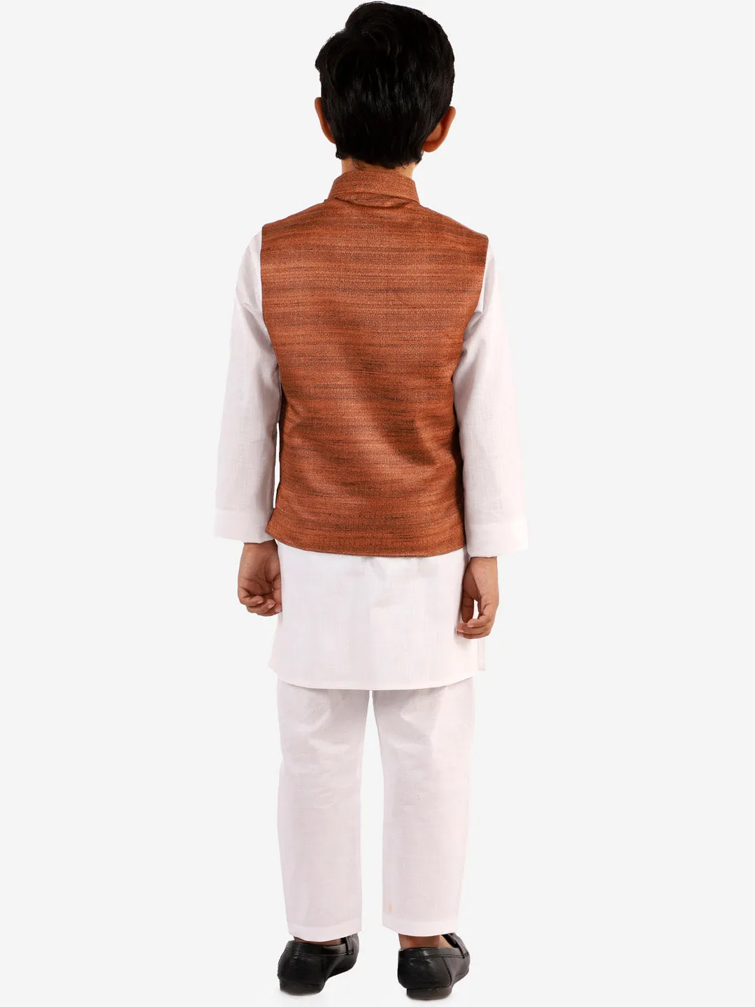 Jashvi Boys Coffee Brown And White Jacket, Kurta and Pyjama Set