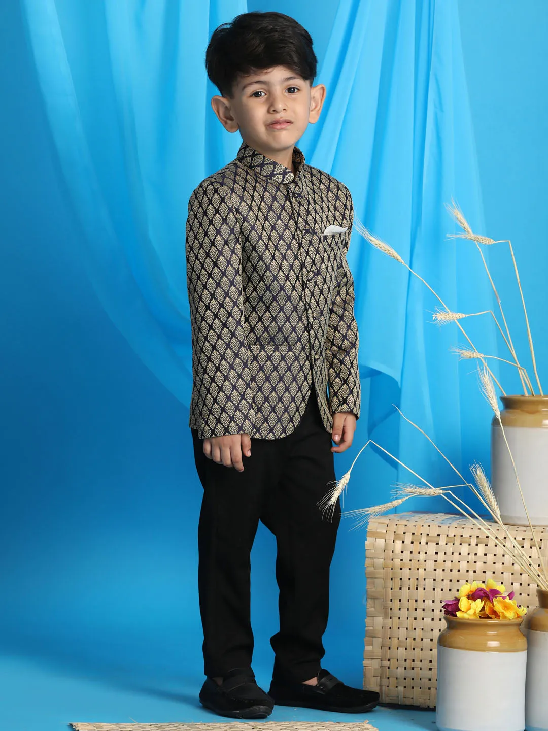 Jashvi Boy's Navy Blue Woven Silk Blend Jodhpuri