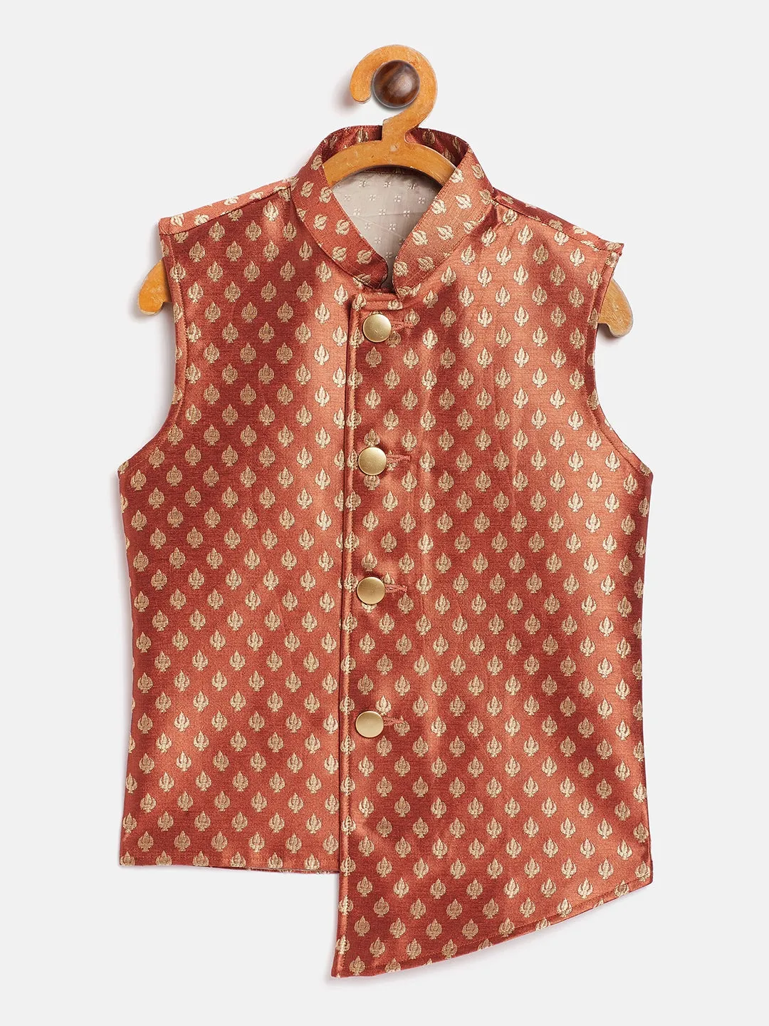 Jashvi Boy's Orange Asymmetric Brocade Nehru Jacket