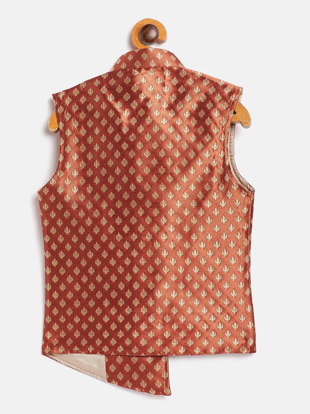 Jashvi Boy's Orange Asymmetric Brocade Nehru Jacket