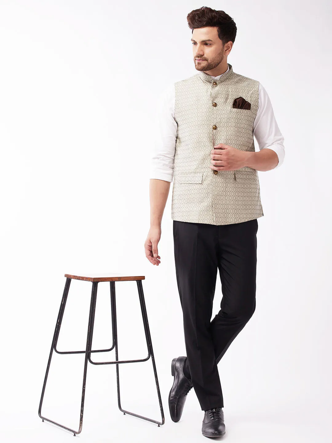 Jashvi Men's Beige Jacquard Nehru Jacket