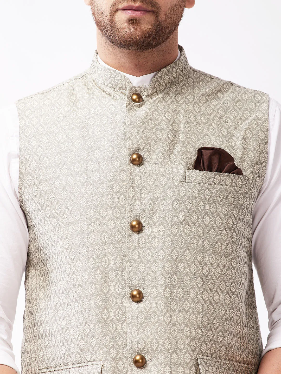 Jashvi Men's Beige Jacquard Nehru Jacket