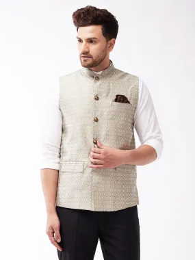 Jashvi Men's Beige Jacquard Nehru Jacket