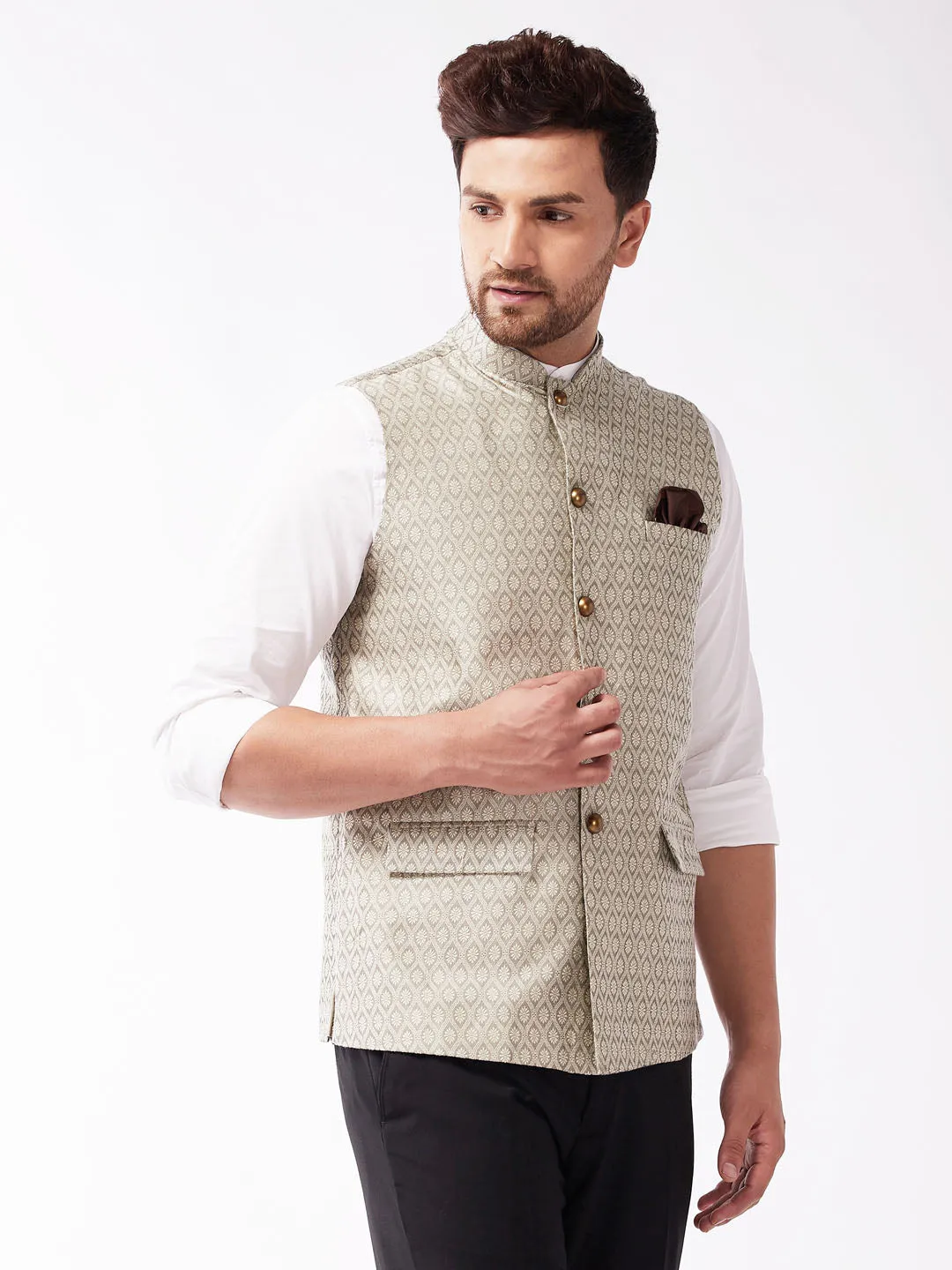 Jashvi Men's Beige Jacquard Nehru Jacket