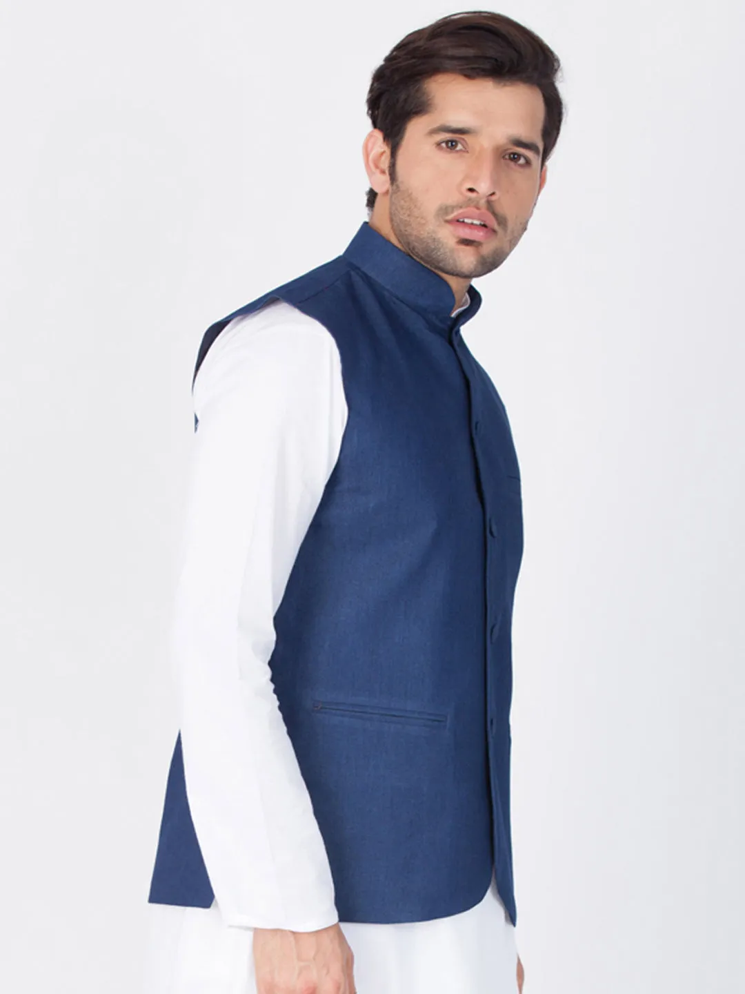 Jashvi Men's Blue Cotton Blend Ethnic Jacket