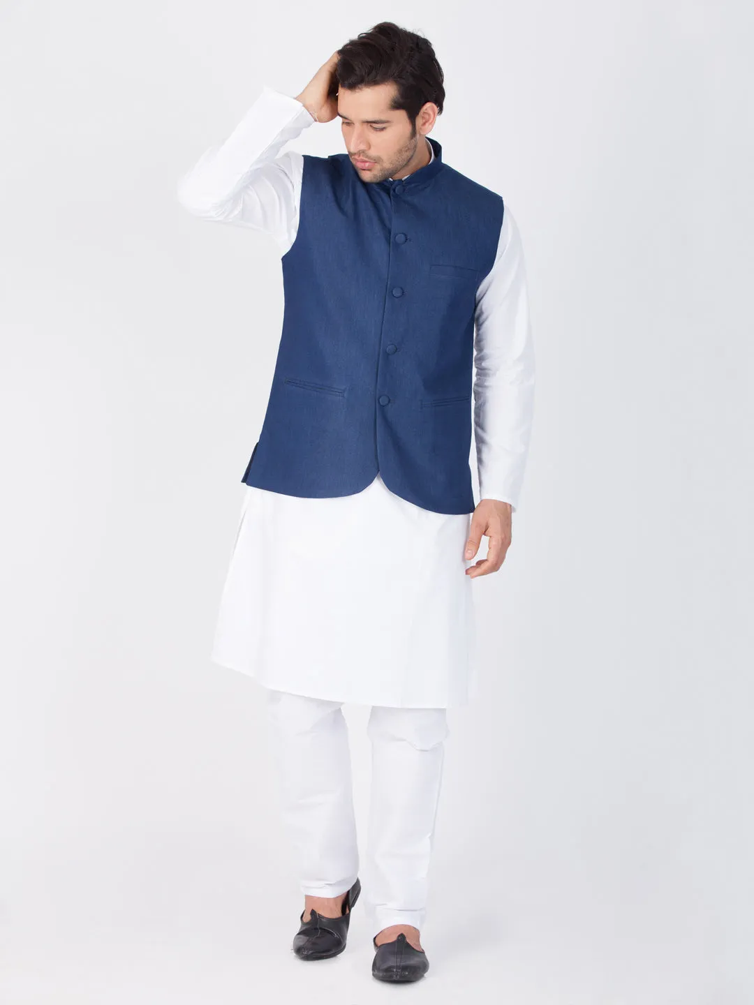 Jashvi Men's Blue Cotton Blend Ethnic Jacket