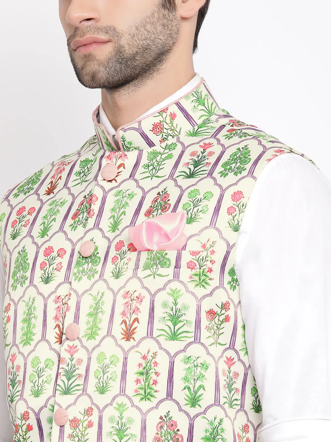 Jashvi Men's Cream Digital Floral Printed Royal Nehru Jacket