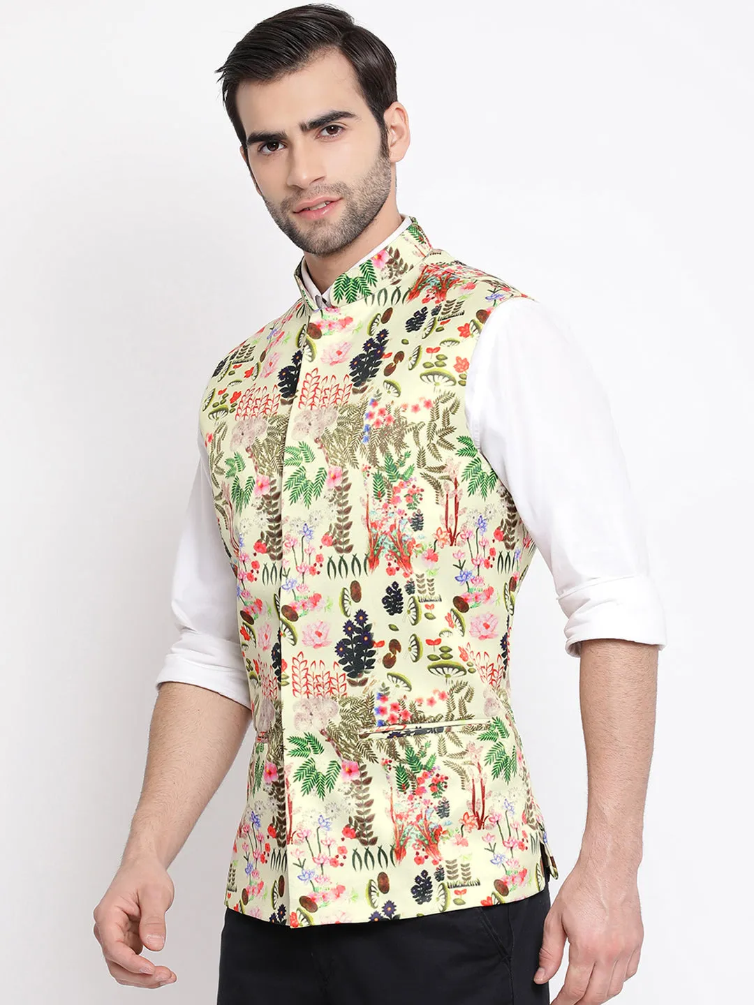 Jashvi Men's Green Digital Printed Royal Nehru Jacket