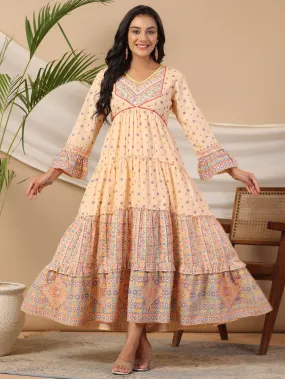 Jashvi Peach Tribal Printed Pure Cotton Alia Cut Dress With Beads Work