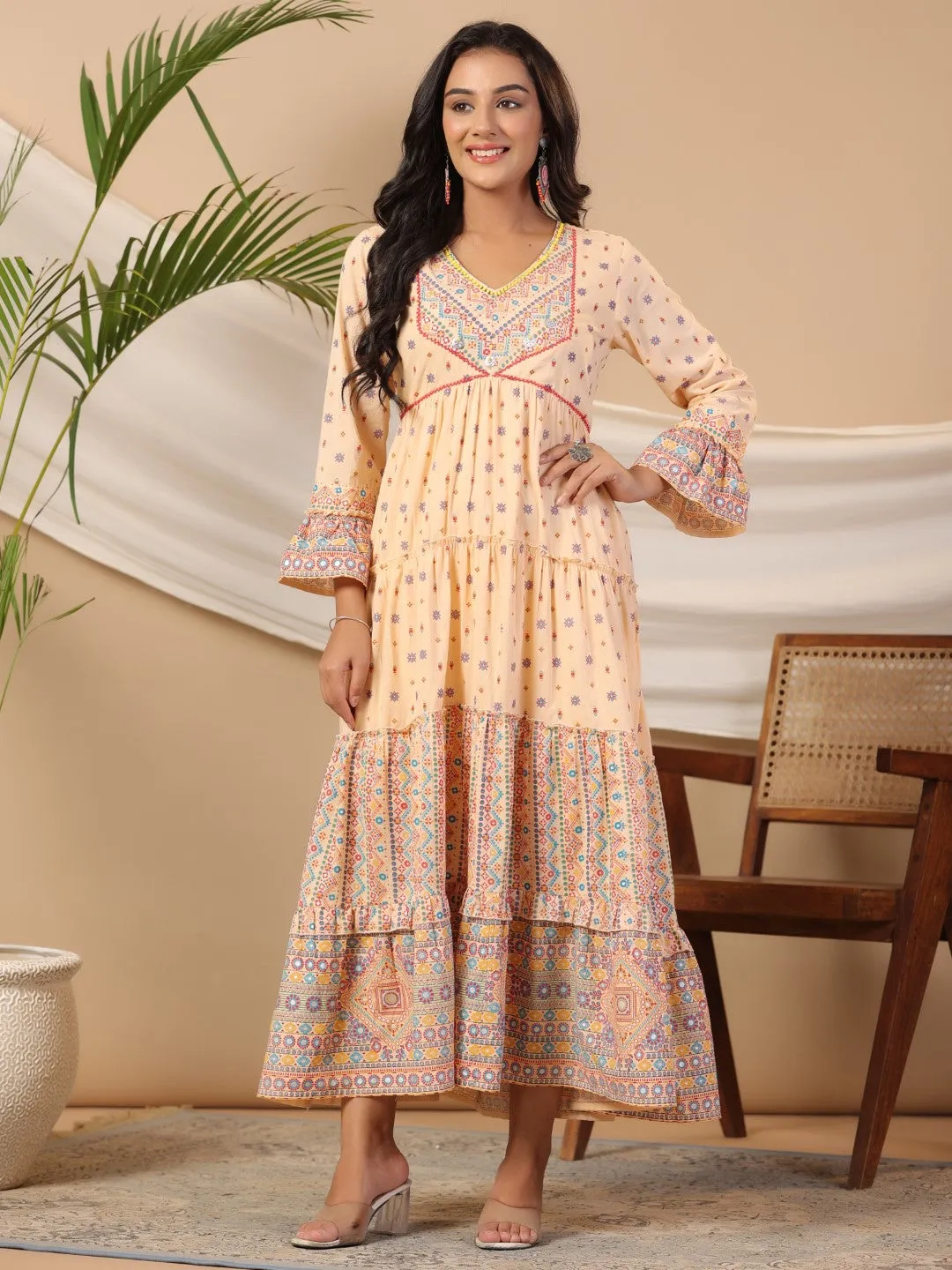 Jashvi Peach Tribal Printed Pure Cotton Alia Cut Dress With Beads Work