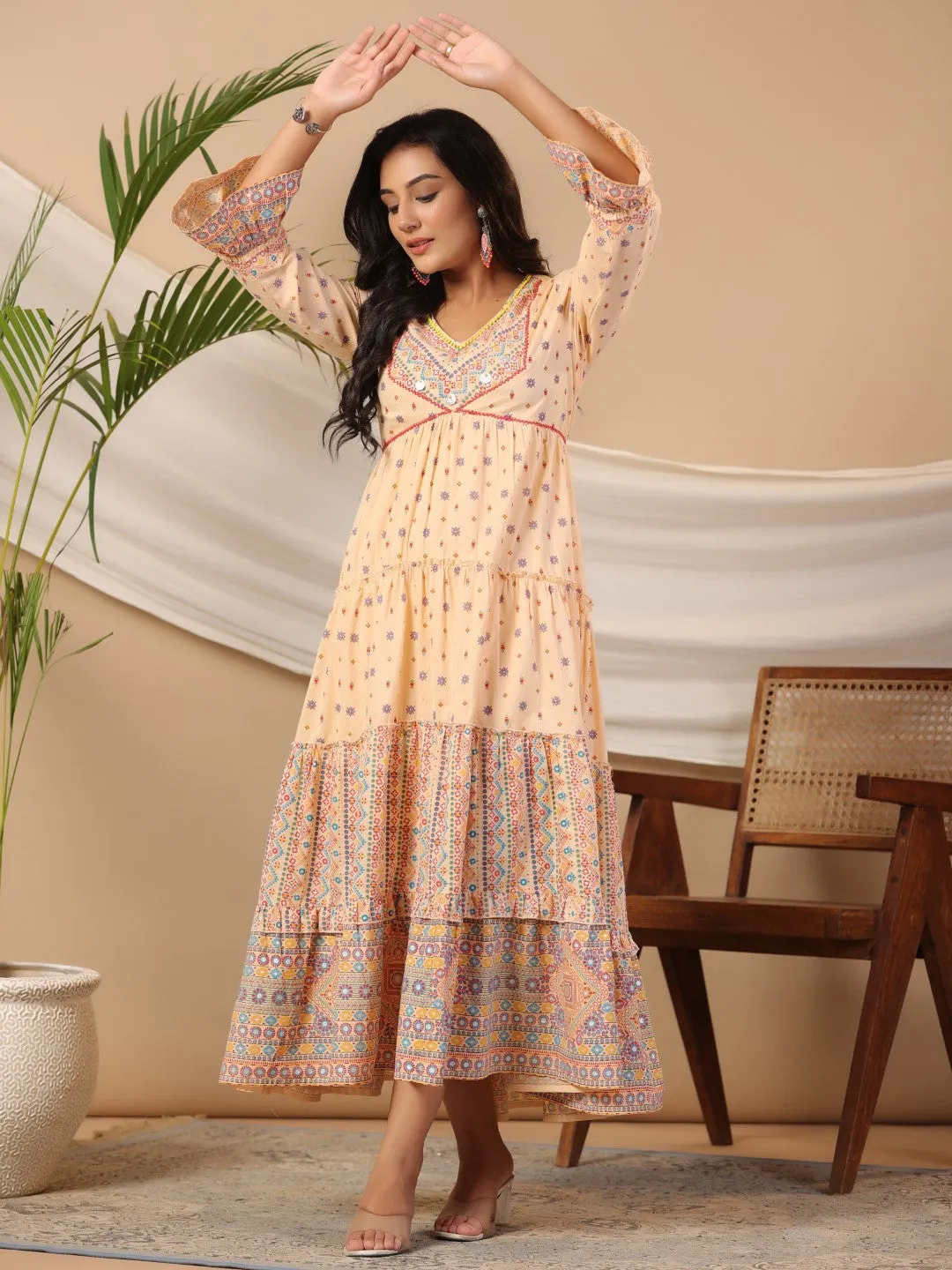 Jashvi Peach Tribal Printed Pure Cotton Alia Cut Dress With Beads Work