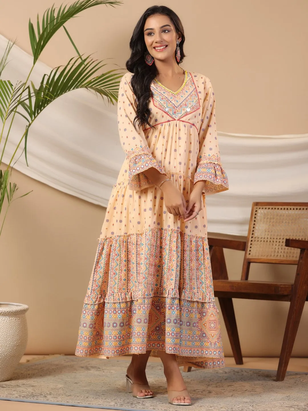 Jashvi Peach Tribal Printed Pure Cotton Alia Cut Dress With Beads Work